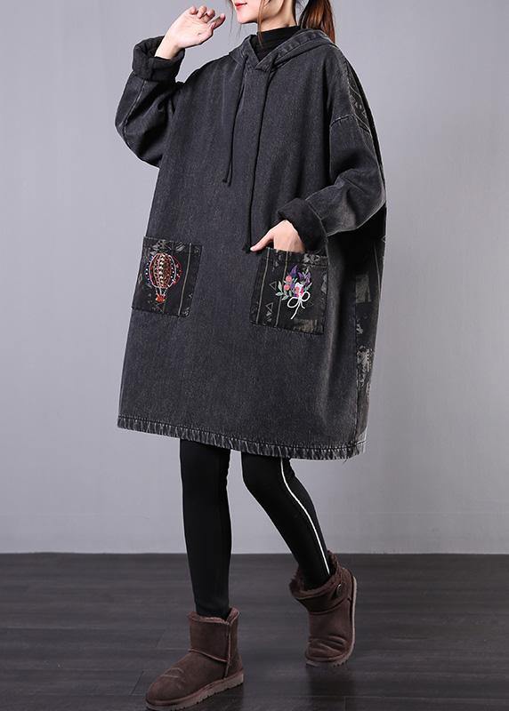 WW | denim schwarz bestickt Plus Size Freizeitmäntel Frauen Kapuzen-Patchwork-Jacken