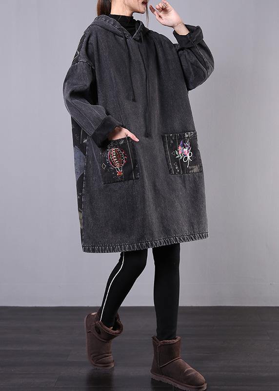 WW | denim schwarz bestickt Plus Size Freizeitmäntel Frauen Kapuzen-Patchwork-Jacken