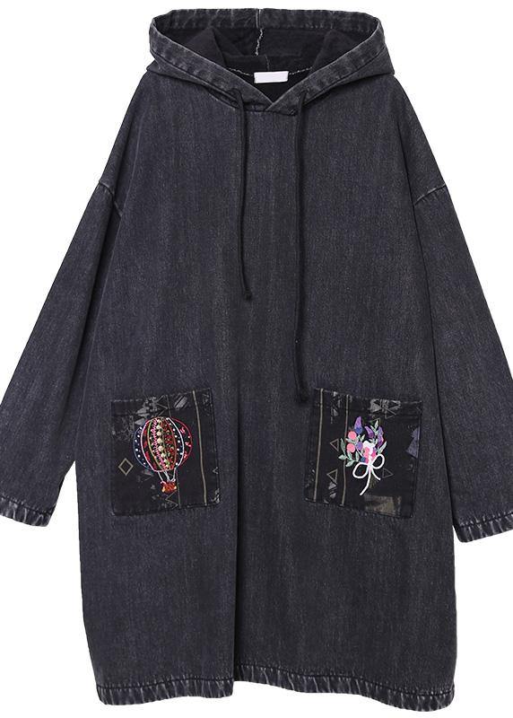 WW | denim schwarz bestickt Plus Size Freizeitmäntel Frauen Kapuzen-Patchwork-Jacken