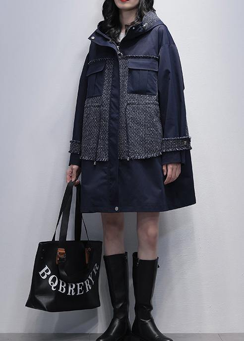 WW | Hooded Patchwork Fine Tunics for Women Navy Casual Coats