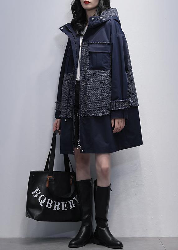 WW | Hooded Patchwork Fine Tunics for Women Navy Casual Coats