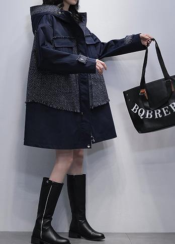 WW | Kapuzen-Patchwork Feine Tuniken für Frauen navy lässige Mäntel