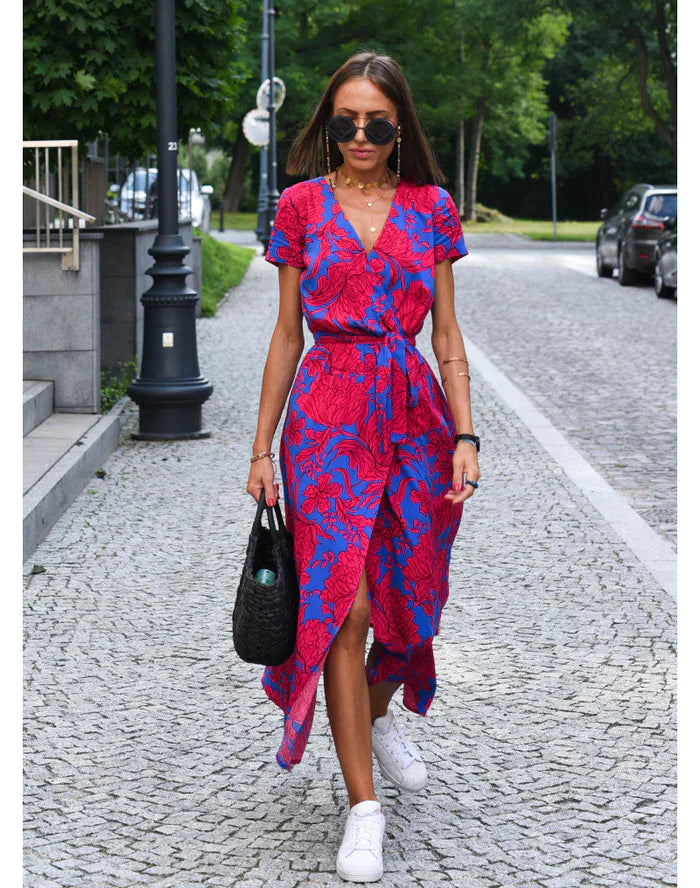 Polka Dot Maxi Dress – Airy Dress with V-Neck, Tie Belt & Slit