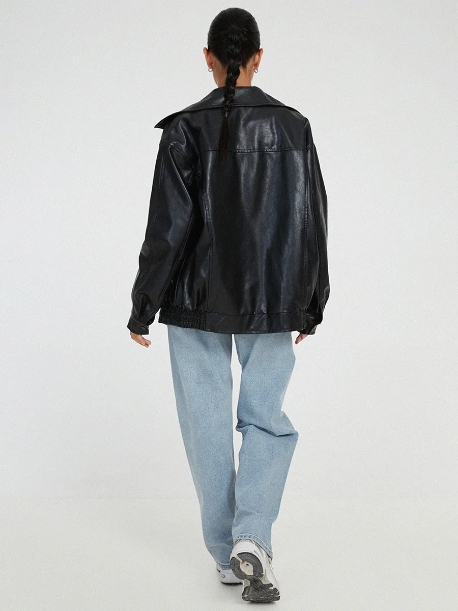 WW | Oversized Leather Bomber Jacket with Front Zipper