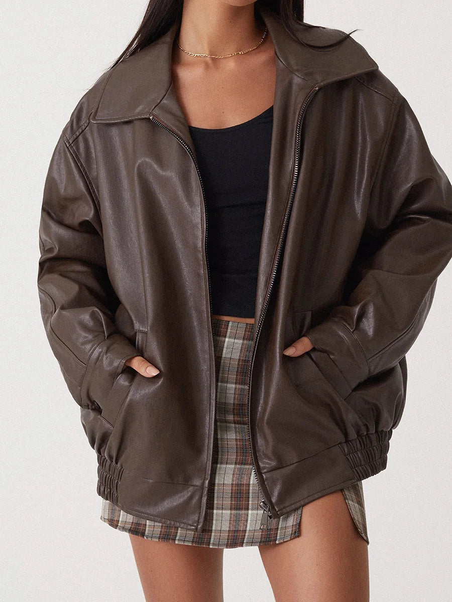 WW | Oversized Leather Bomber Jacket with Front Zipper