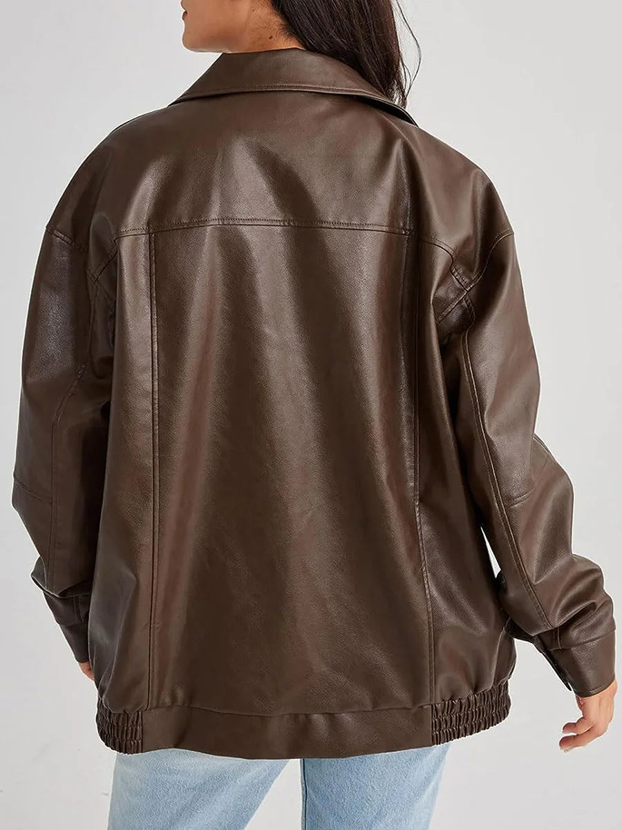 WW | Oversized Leather Bomber Jacket with Front Zipper