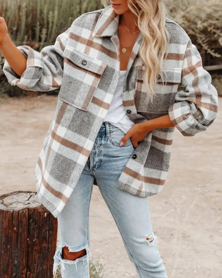 WW | Shirtjacke Übergroß Kariert Lang Mit Brusttaschen Und Knopfverschluss
