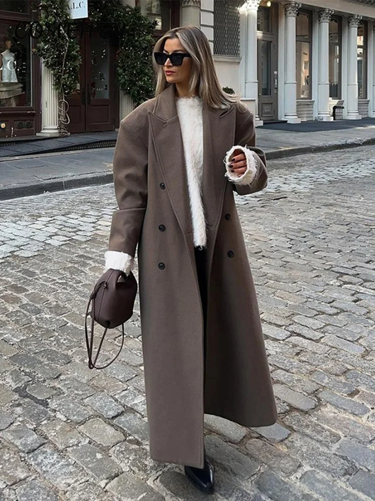 WW | Long Coat - Wool - Loose Fit - Double-Breasted - Structured Shoulder - Long Sleeves