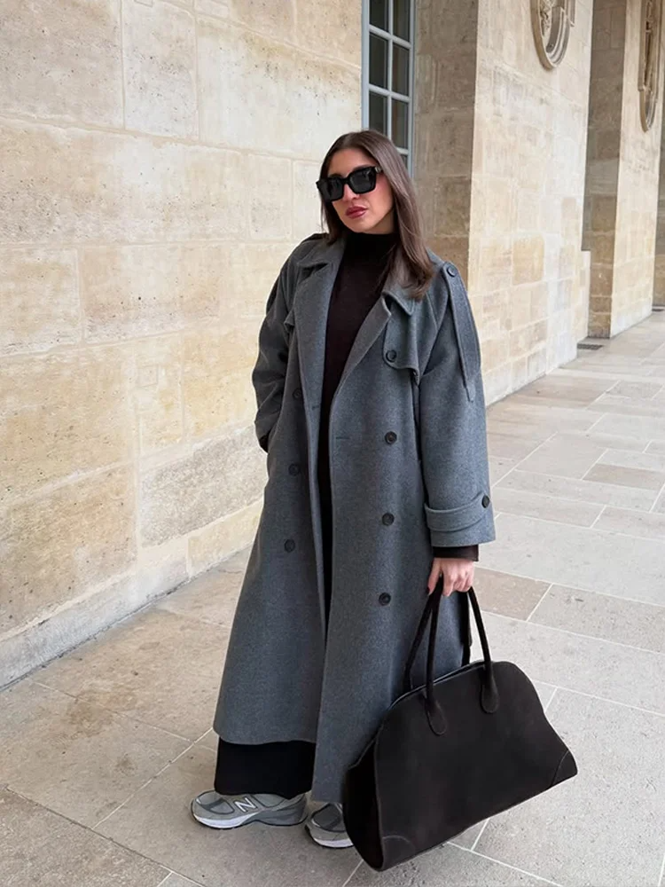 WW | Women's Long Overcoat – Wool – Loose Fit – Double-Breasted – Structured Shoulder Design