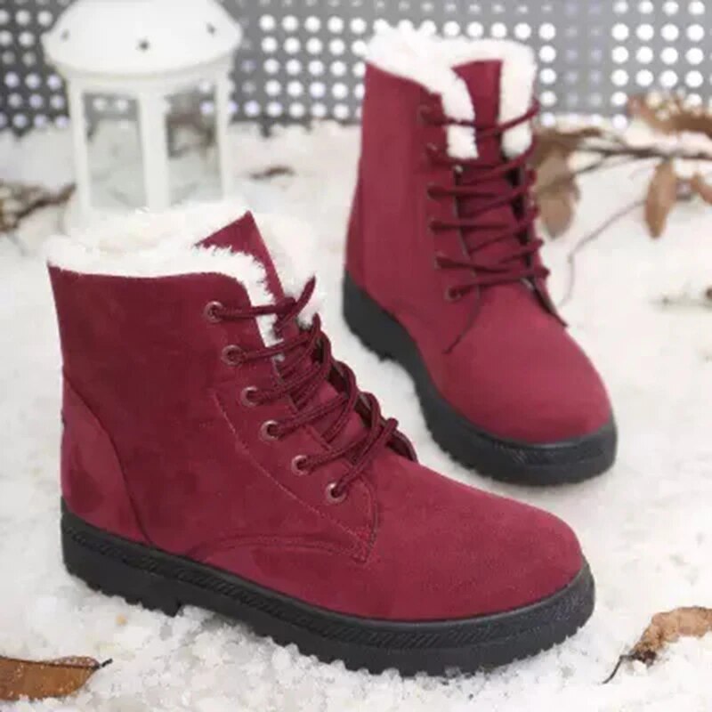 WW | Lace-Up Ankle Boots Suede Look Faux Fur Lining Comfortable Flat Sole