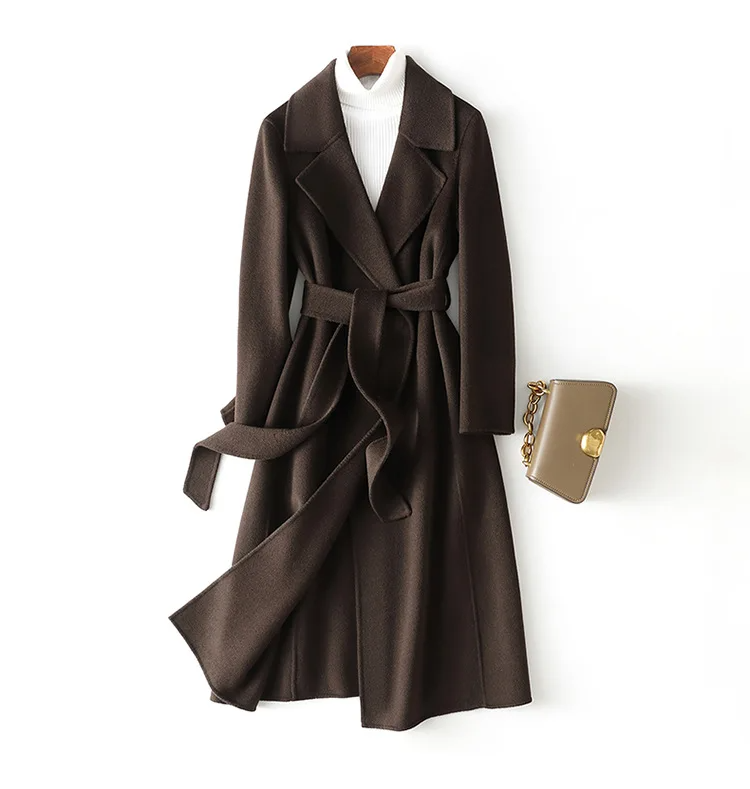 WW | Wool coat Long cut Open front Waist belt Elegant look