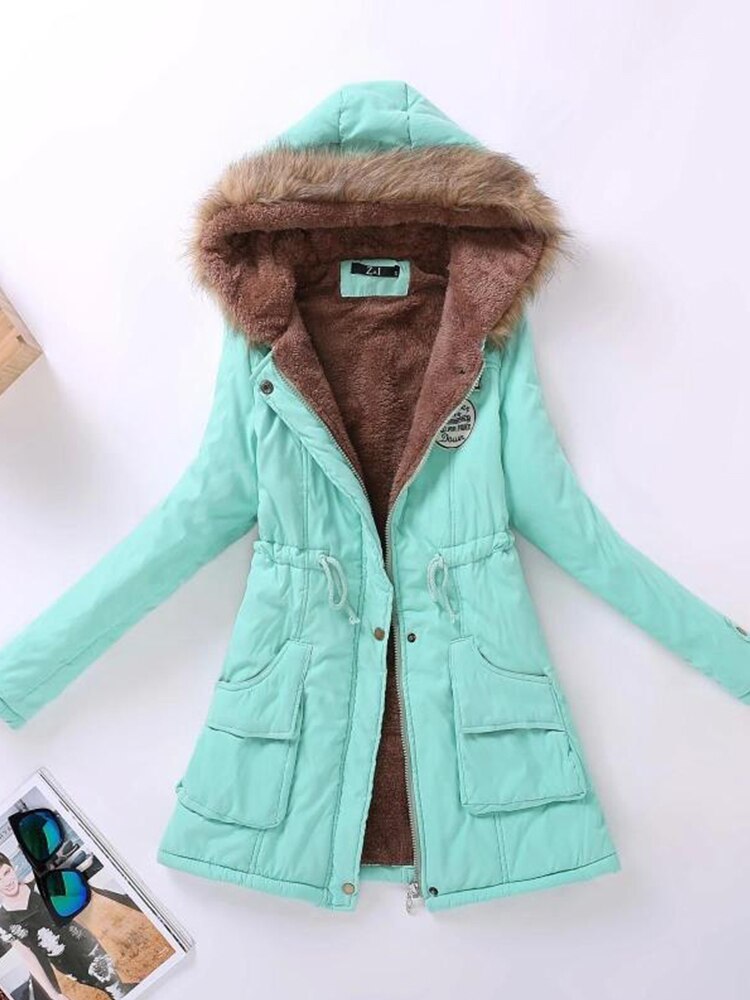 WW | Parka Jacke Warme Fütterung Kapuze Mit Pelzbesatz Reißverschluss & Knöpfe Verstellbare Taille