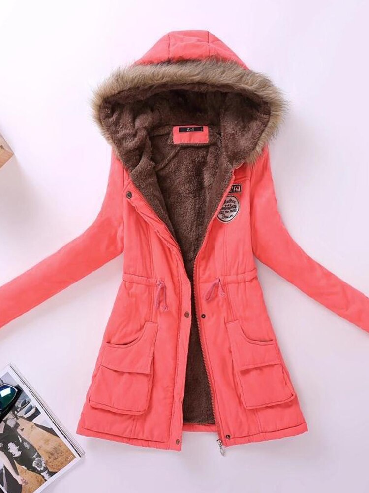 WW | Parka Jacke Warme Fütterung Kapuze Mit Pelzbesatz Reißverschluss & Knöpfe Verstellbare Taille