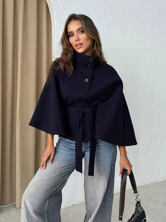 WW | Women's Cape Jacket – Wool Blend – High Collar – Fitted Waist – Flared Silhouette