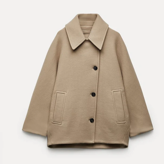 WW | Women's Wool Coat – Oversized Fit – Wide Collar – Button Closure – Mid-length – Pockets