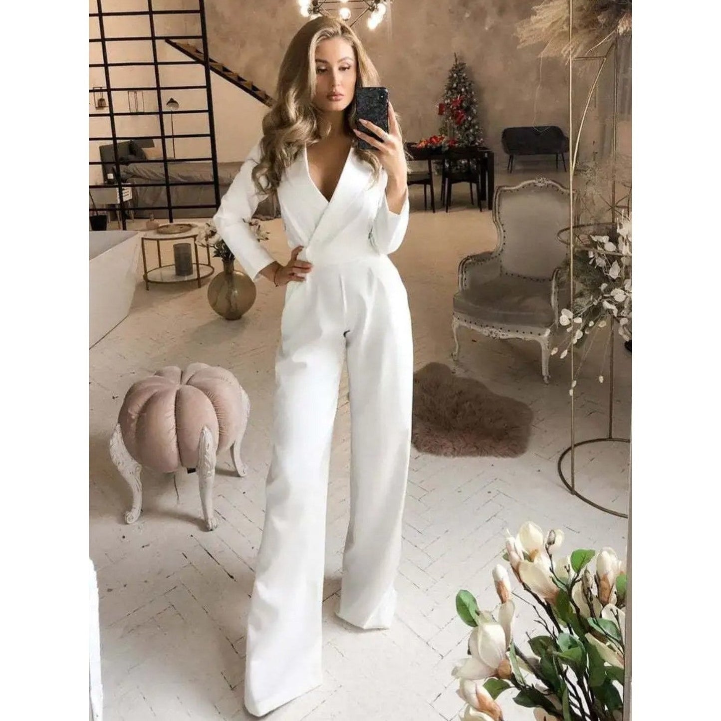 WW | Elegant Women's White V-Neck Jumpsuit