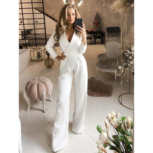 WW | Elegant Women's White V-Neck Jumpsuit