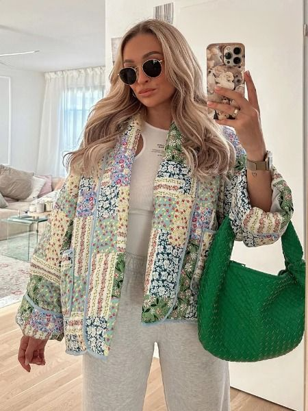 WW | Patchwork Women's Jacket - Vintage Boho Style Quilted Jacket with Button Placket