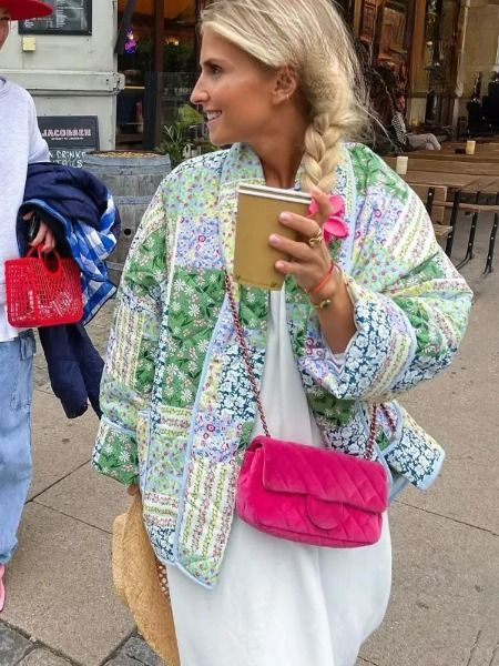 WW | Patchwork Women's Jacket - Vintage Boho Style Quilted Jacket with Button Placket