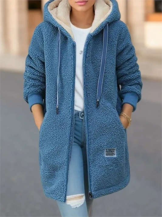 WW | mittel Länge Mantel Fleece Material Lockere Passform Kapuze mit Reißverschluss