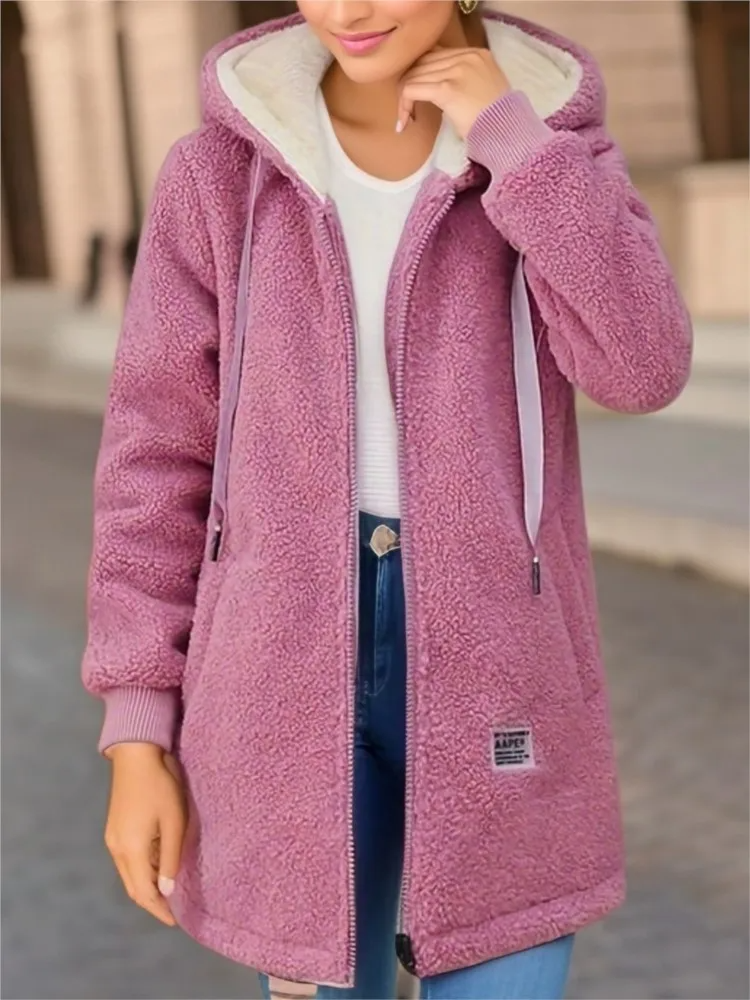 WW | Coat - Mid-length Relaxed Fit - Hood with Drawstring - Soft Fleece with Zipper