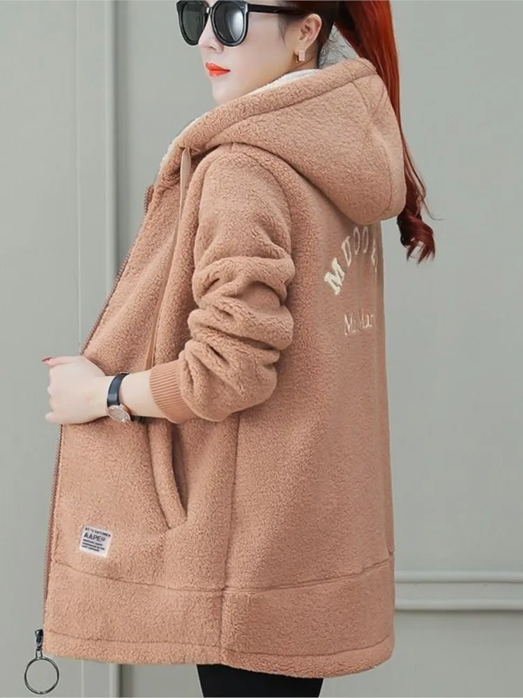 WW | mittel Länge Mantel Fleece Material Lockere Passform Kapuze mit Reißverschluss