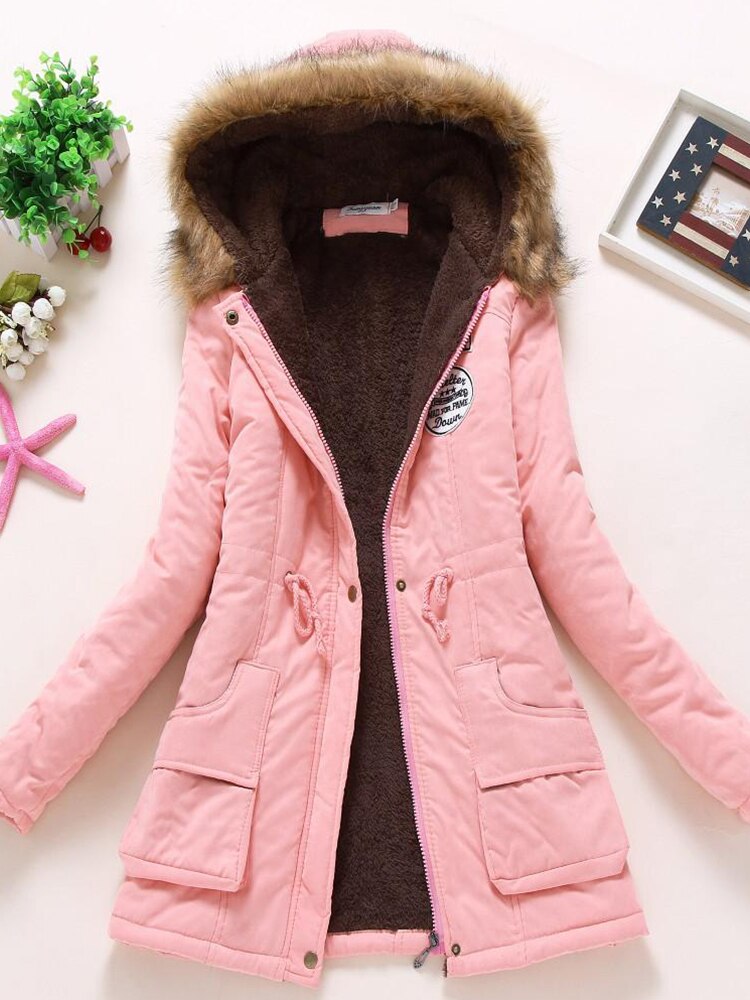 WW | Parka Jacke Warme Fütterung Kapuze Mit Pelzbesatz Reißverschluss & Knöpfe Verstellbare Taille