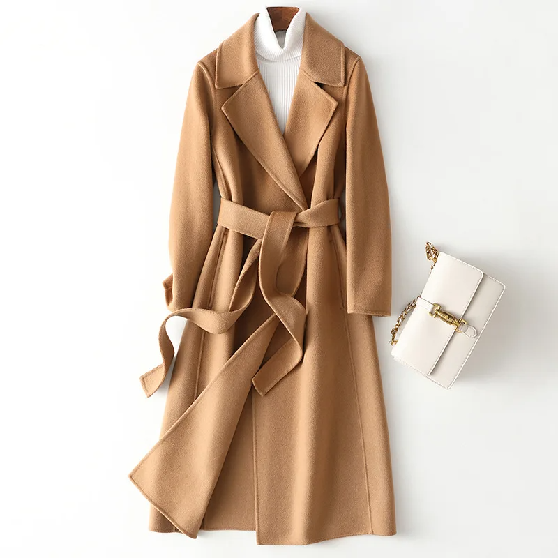 WW | Wollmantel Langer Schnitt Offene Vorderseite Taillengürtel Eleganter Look