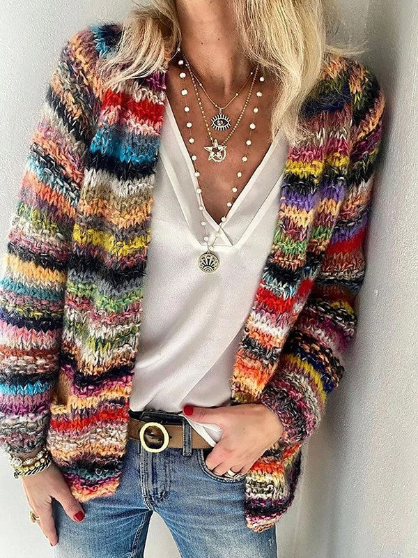 WW | Strickjacke Lockerer Schnitt Weiche Grob Gestrickte Offene Vorderseite Gestreiftes Design
