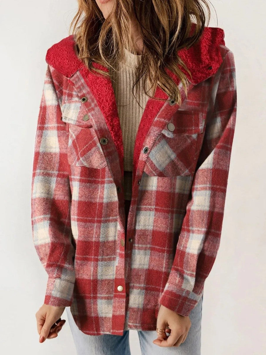 WW | Shacket Lockere Passform Weiches Fleece Futter Karomuster Mit Kapuze