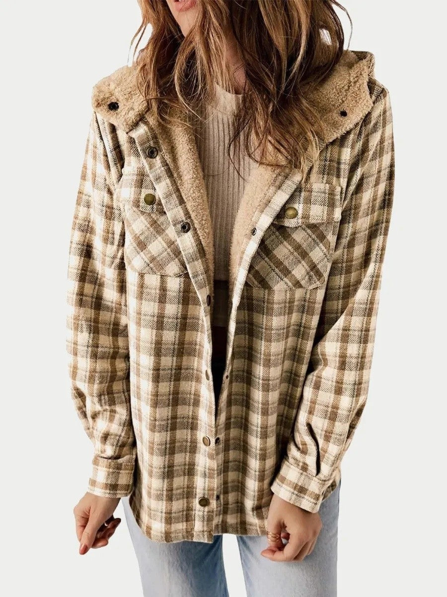 WW | Shacket Lockere Passform Weiches Fleece Futter Karomuster Mit Kapuze