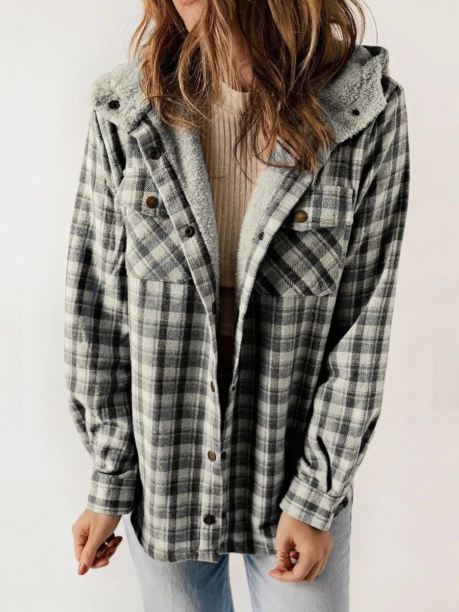WW | Shacket Lockere Passform Weiches Fleece Futter Karomuster Mit Kapuze