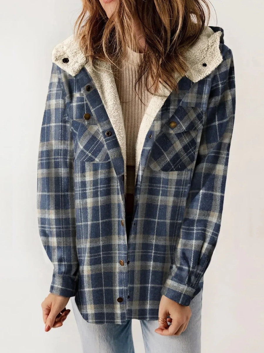 WW | Shacket Lockere Passform Weiches Fleece Futter Karomuster Mit Kapuze