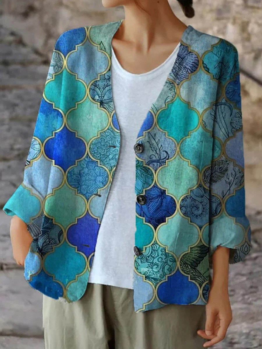 WW | Relaxed fit 3/4 sleeves Breathable blended fabric Geometric pattern Button closure
