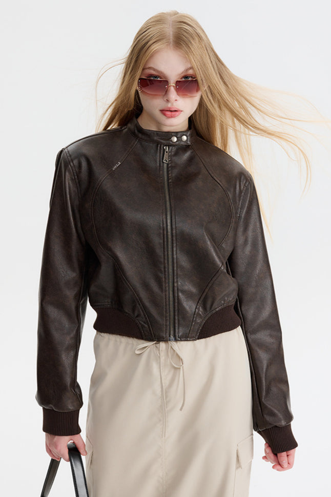 WW | Leder Zip-Up Bomberjacke