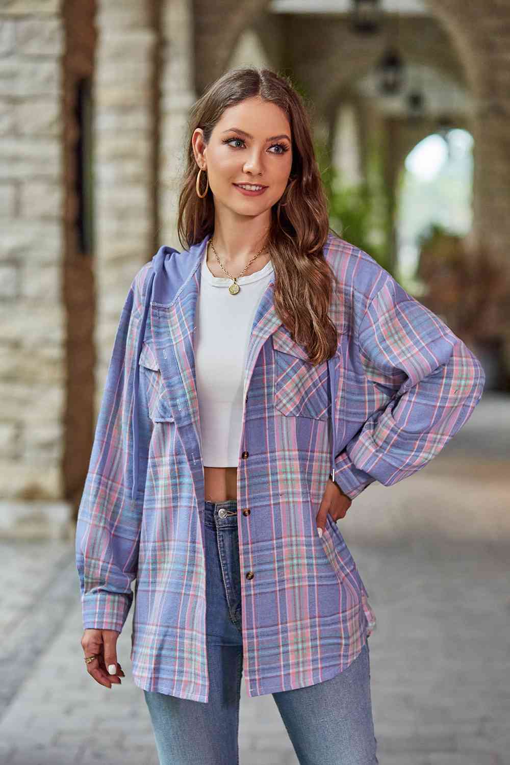 WW | Plaid Long-Sleeved Hooded Jacket
