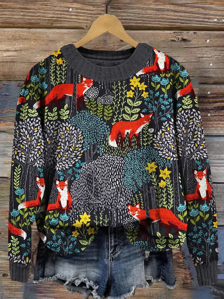 WW | Elegant Long-Sleeve T-Shirt with Forest Fox Pattern for Women