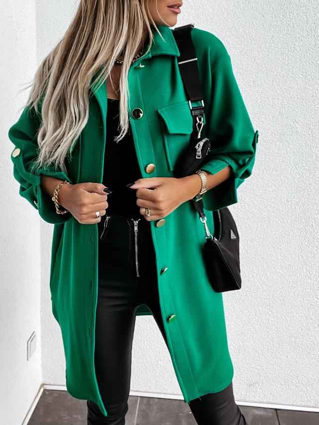 WW | Comfortable long shirt jacket with buttons, wool collar and lapels