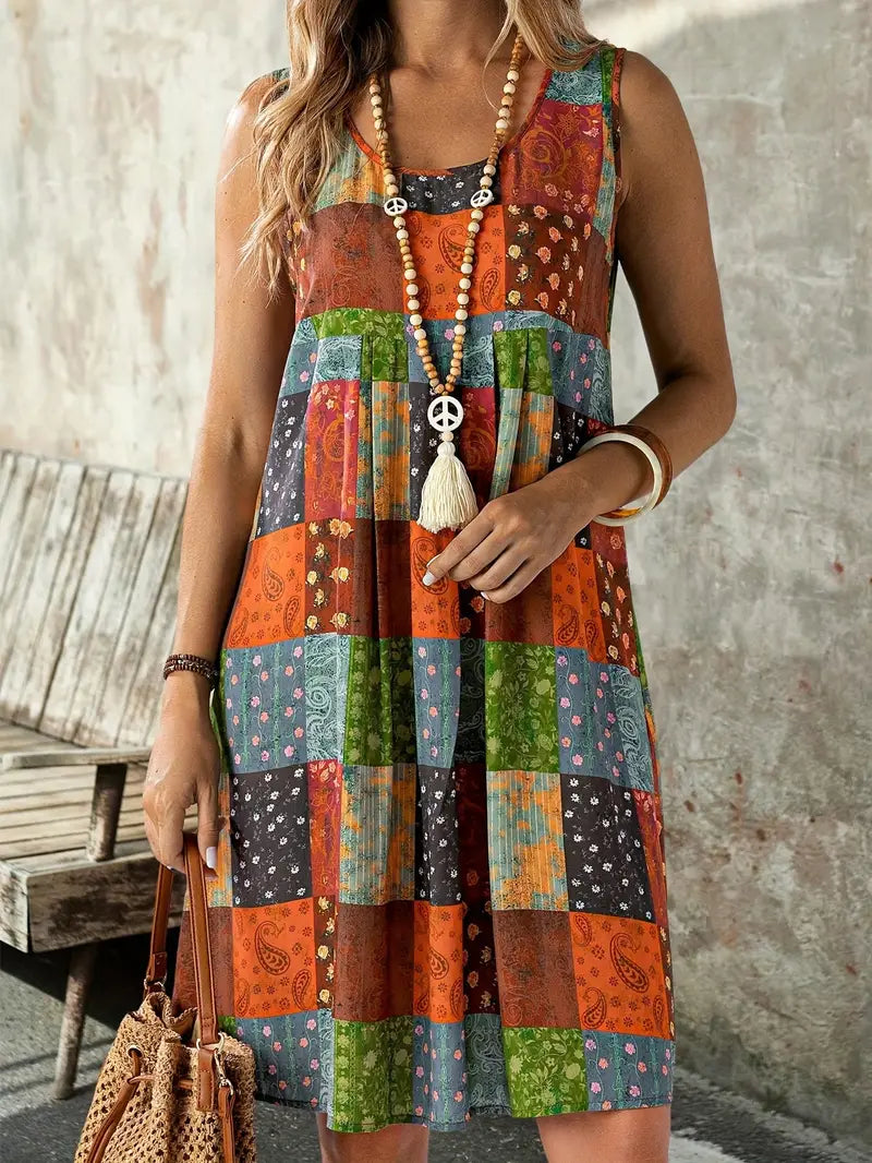 WW | Boho Patchwork-Ärmelloses Swing-Kleid