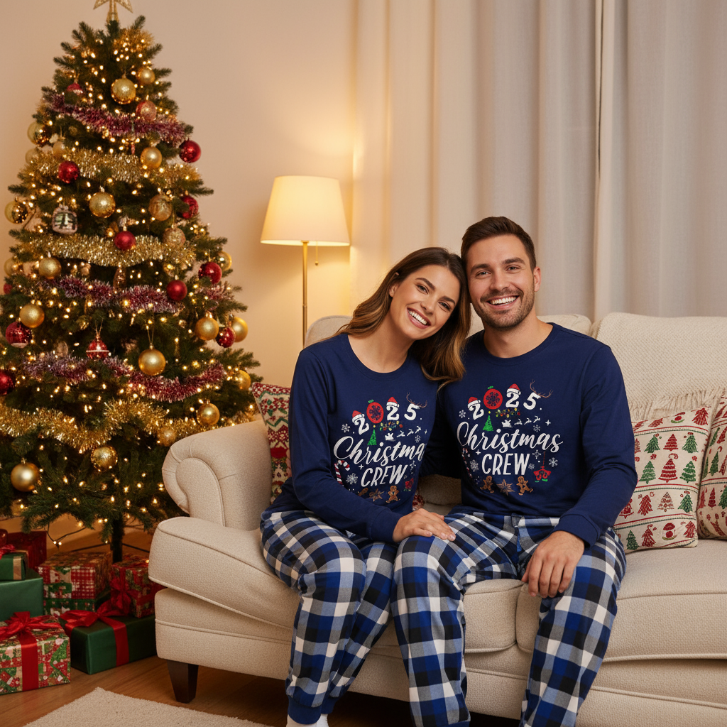 WW | Couple matching pajamas printed with "2025 Christmas Crew" text and a Christmas pattern