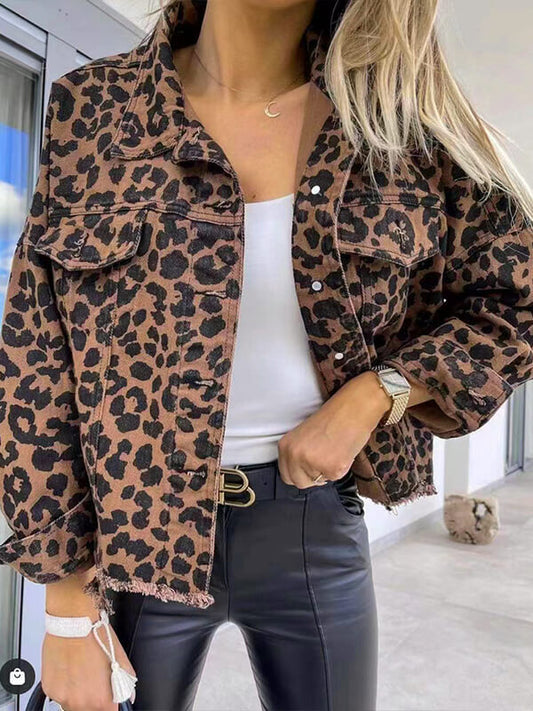 WW - Denimjacke Mit Leopardenmuster Und Langen Ärmeln