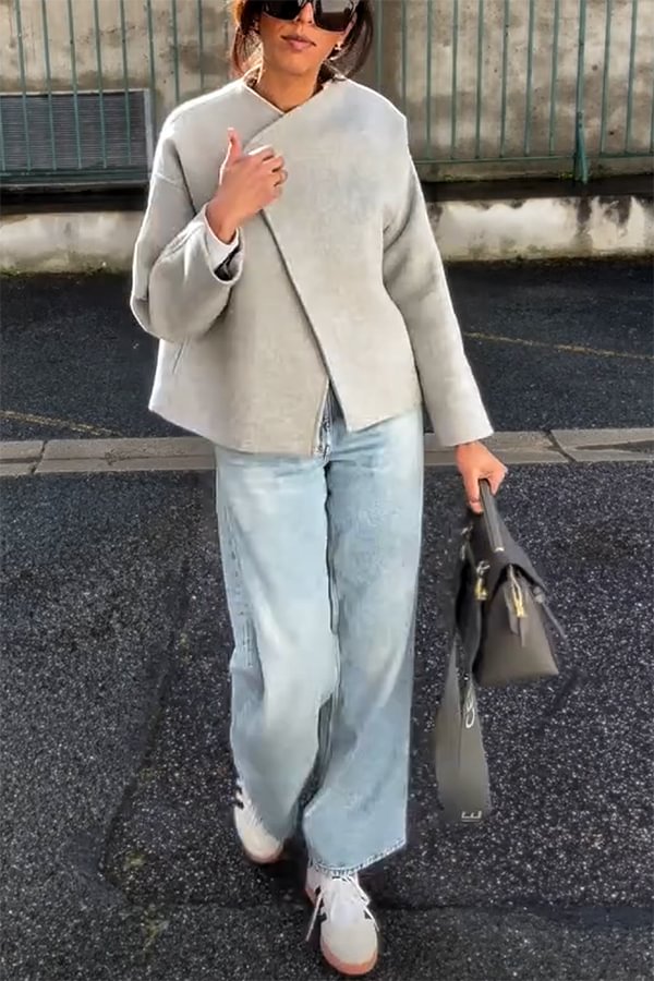 WW | and Structured Faux Wool Lapel Long Sleeve Loose Jacket