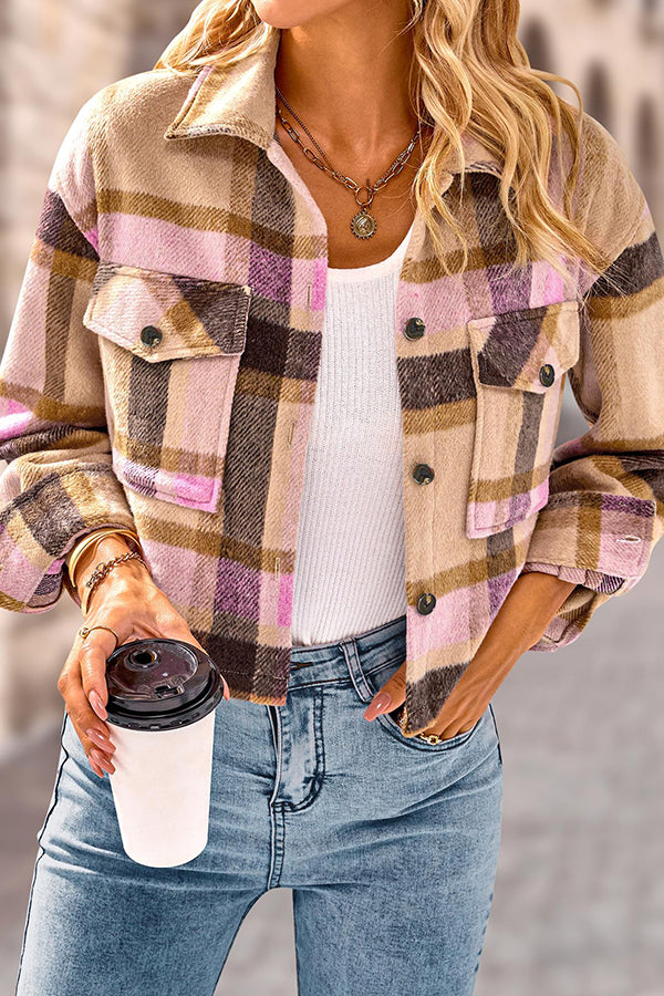 WW | Pocket Fashion Casual Cropped Damen Karierte Jacke