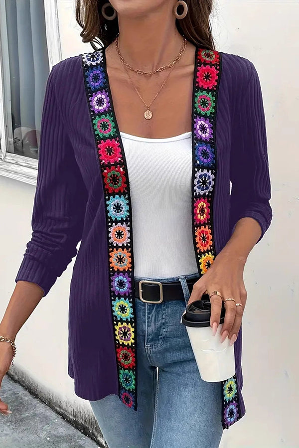 WW | Boho knit cardigan with floral trim and long sleeves