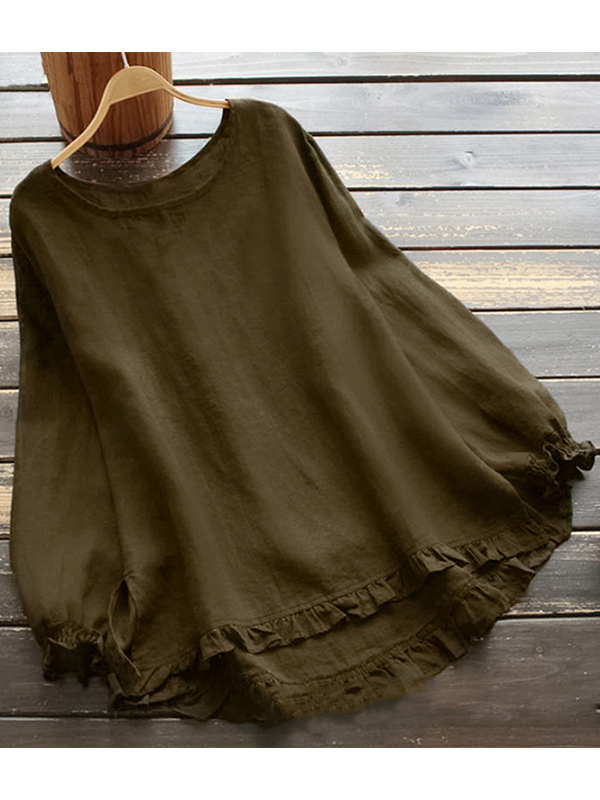 WW | Crew Neck Solid Color Long Sleeve Ruffle Linen Tops