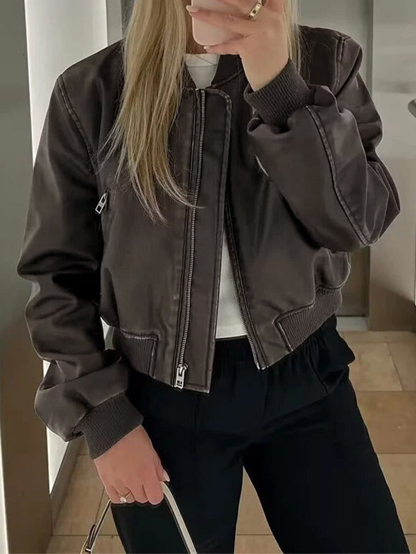 WW | Einfarbige Leder Bomberjacke