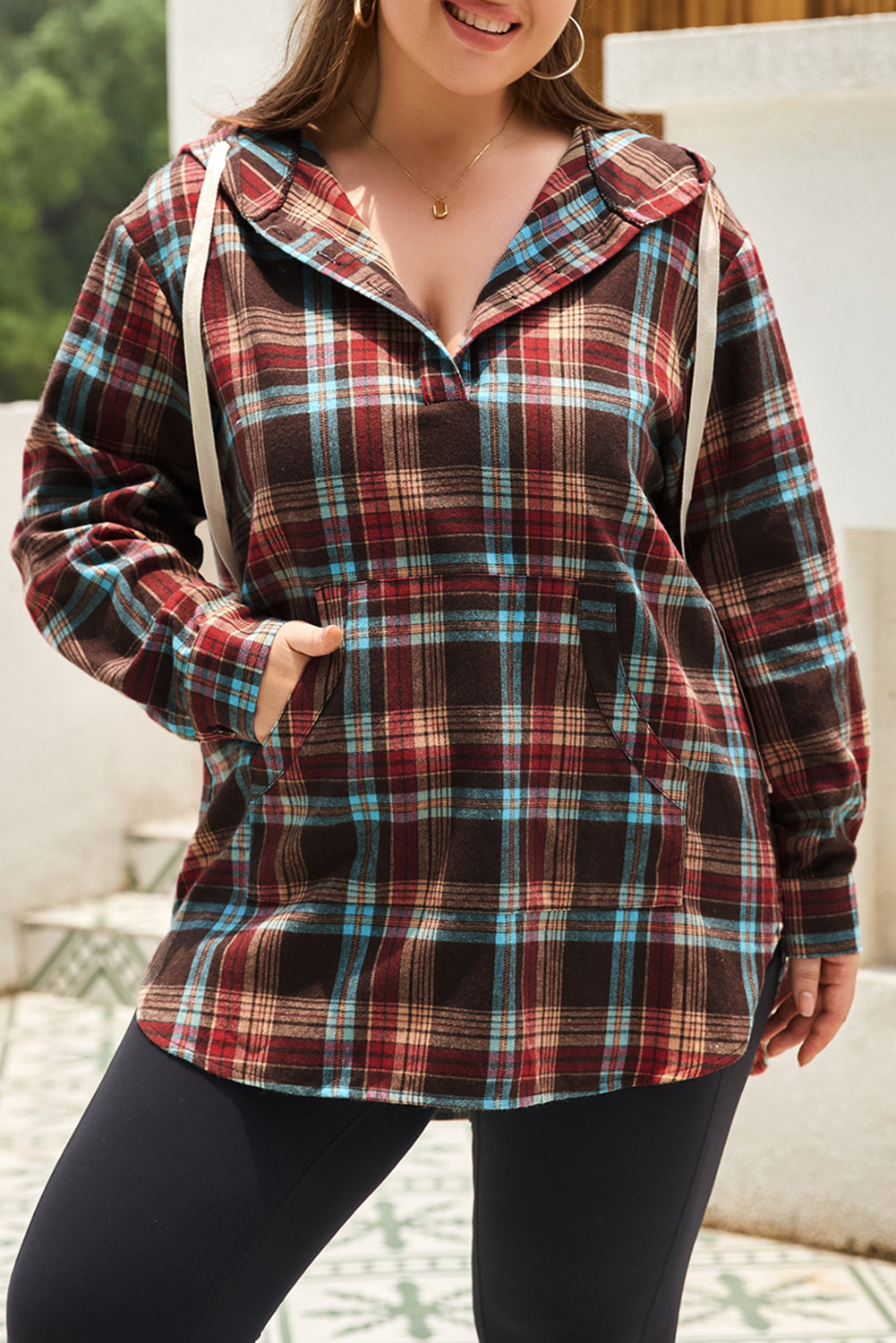 WW | Fiery Red Plus-Size Plaid Kangaroo Pocket Drawstring Hoodie