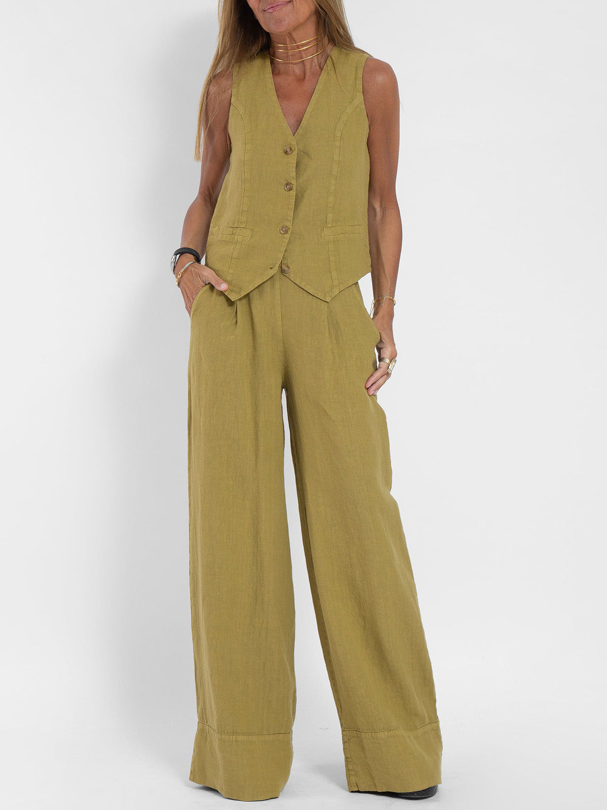 WW | Knopf-Weste & Weit Geschnittene Hose Set