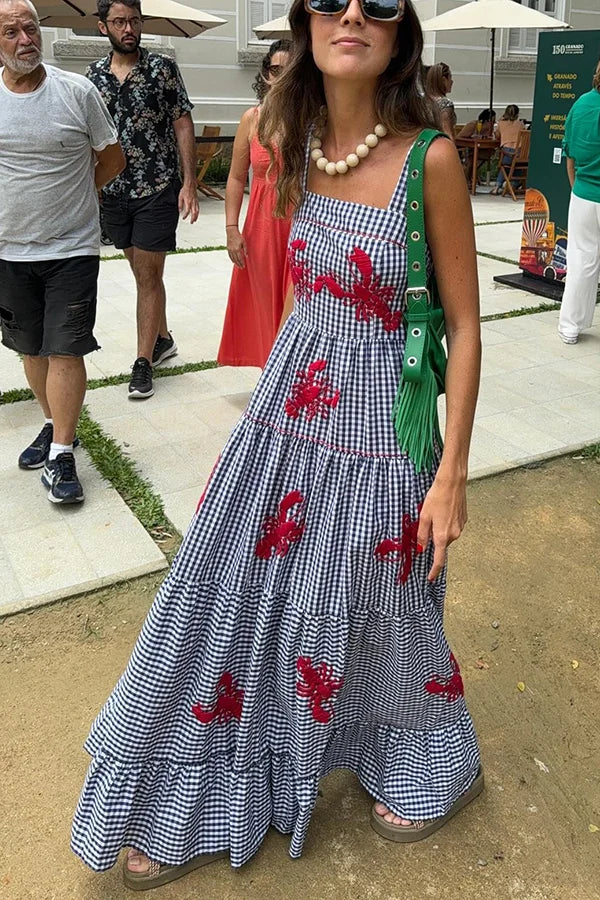 Long checked dress with embroidered shrimp
