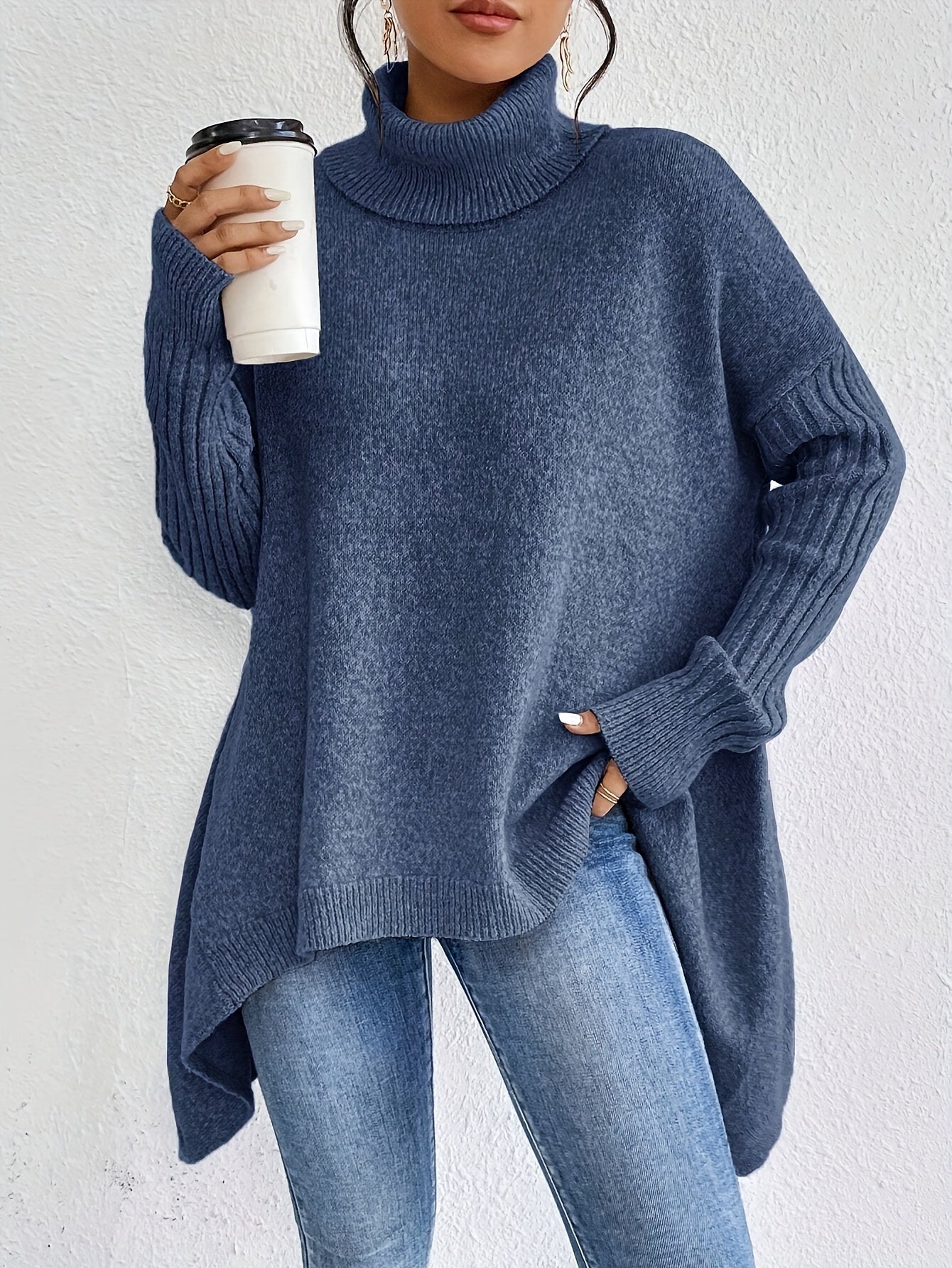 WW | Baumwoll-Rollkragenpullover mit asymmetrischem Saum und langen Ärmeln Pullover Damen - Perfekt für den Alltag